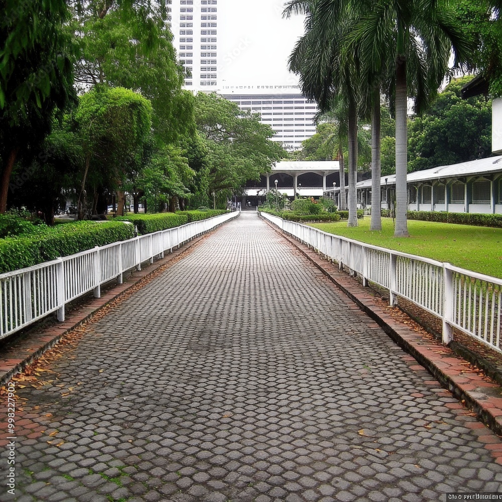 Fototapeta premium A peaceful path through a lush green park surrounded by tall buildings in the afternoon