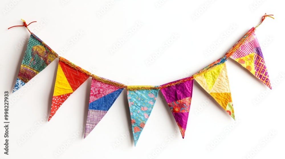 Obraz premium Decorative pennants in vibrant hues adorn this festive garland, perfect for birthdays, festivals, or bright embellishments.