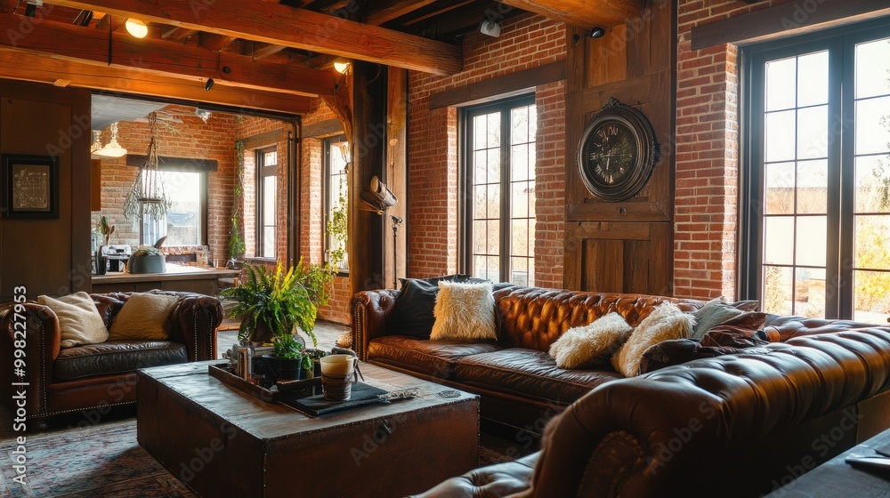 A cozy, rustic living room with exposed brick walls, wooden beams, and a leather sofa, creating a warm, inviting space perfect for gatherings. A cozy, rustic living room with exposed brick walls, wooden beams, and a leather sofa, creating a warm, inviting space perfect for gatherings.