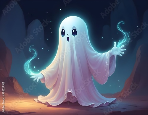 Cute animated shy ghost character with glowing eyes and gentle smile. Halloween photo