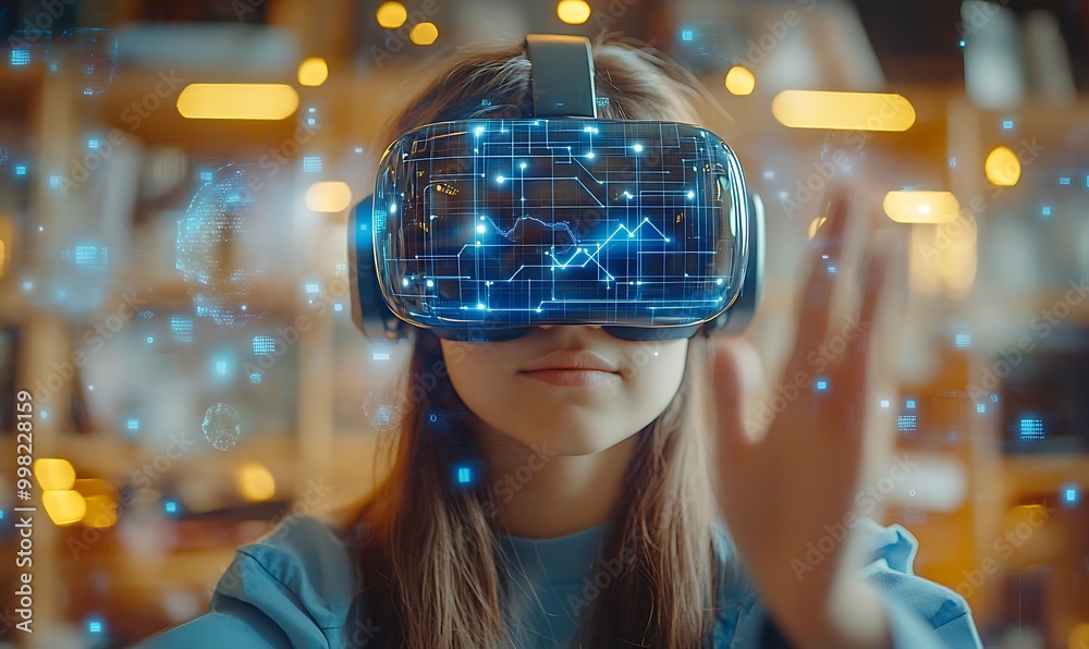 School student with VR headset using AI artificial intelligence technology & machine learning. Interactive technology in classroom. Innovation & smart tech. AI blue hologram in education School student with VR headset using AI artificial intelligence technology & machine learning. Interactive technology in classroom. Innovation & smart tech. AI blue hologram in education