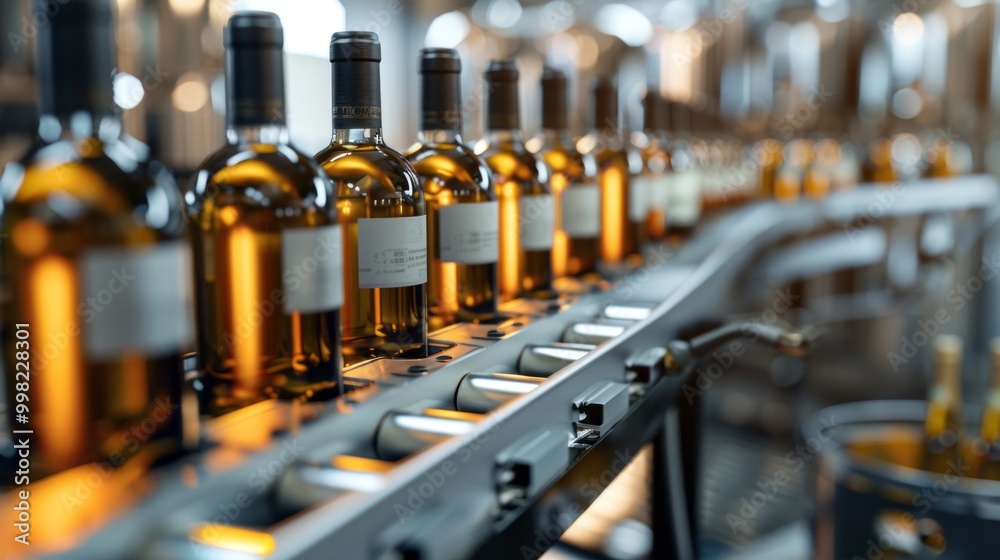 A conveyor belt with many bottles of alcohol on it A conveyor belt with many bottles of alcohol on it
