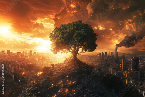 Concept art of tree amidst burning city, environmental crisis, hope in chaos, nature vs urbanization, pollution, global warming, dystopian future, ecological impact, post-apocalyptic world, survival  photo