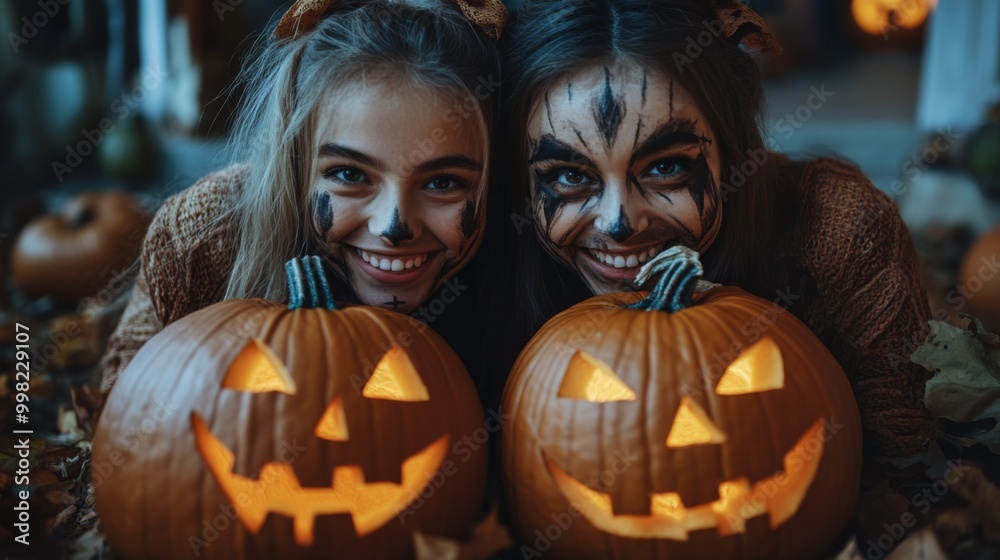 Halloween Celebrations with Witches and Pumpkins in an Autumn Forest Setting Halloween Celebrations with Witches and Pumpkins in an Autumn Forest Setting