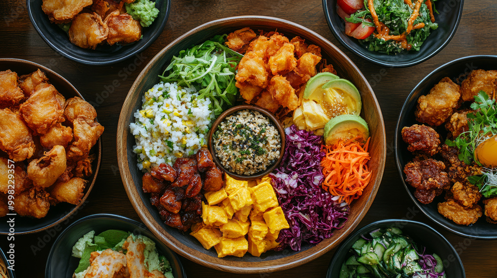 A vibrant spread of assorted dishes featuring fried items, fresh vegetables, and colorful garnishes, arranged beautifully in a large bowl. A vibrant spread of assorted dishes featuring fried items, fresh vegetables, and colorful garnishes, arranged beautifully in a large bowl.