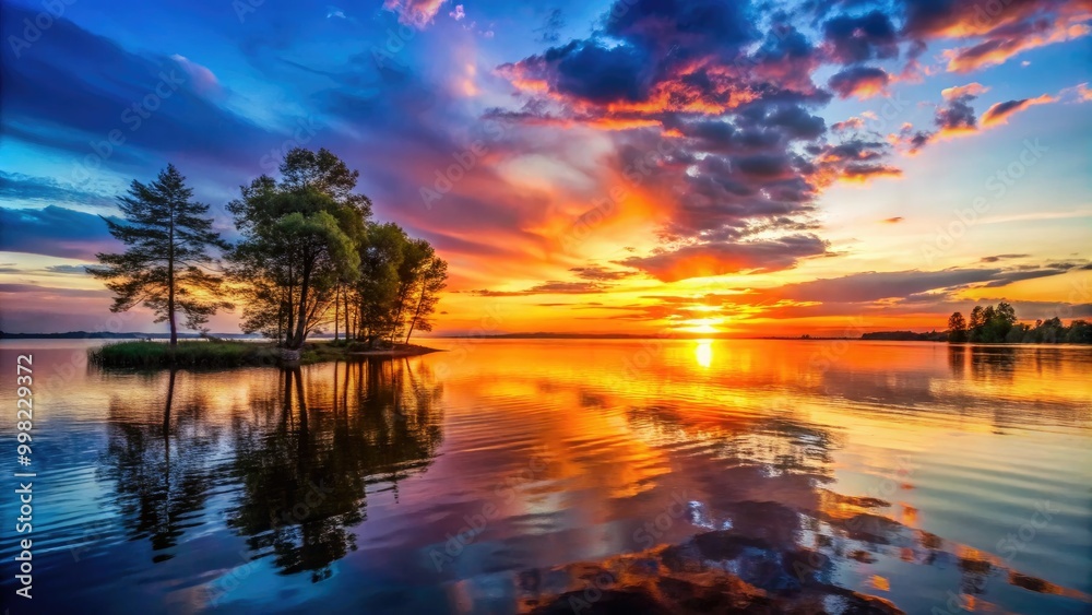 A tranquil sunset casts warm hues over still waters, while silhouetted trees frame the scene, evoking a profound sense of peace in nature’s embrace. A tranquil sunset casts warm hues over still waters, while silhouetted trees frame the scene, evoking a profound sense of peace in nature’s embrace.