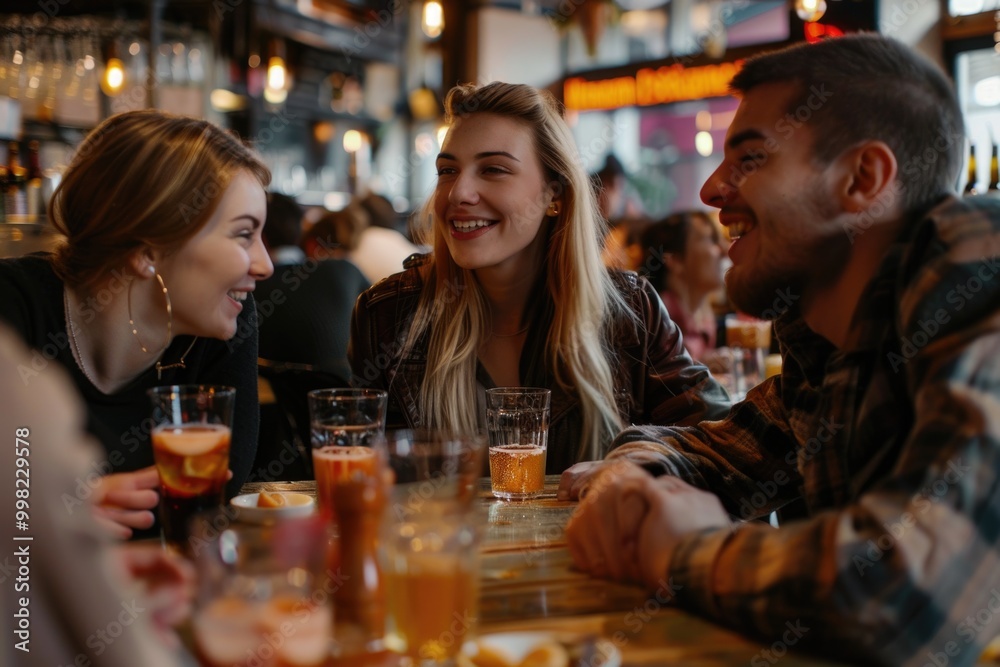 A group of friends or colleagues sitting at a table with drinks, great for social gatherings or workplace scenes A group of friends or colleagues sitting at a table with drinks, great for social gatherings or workplace scenes