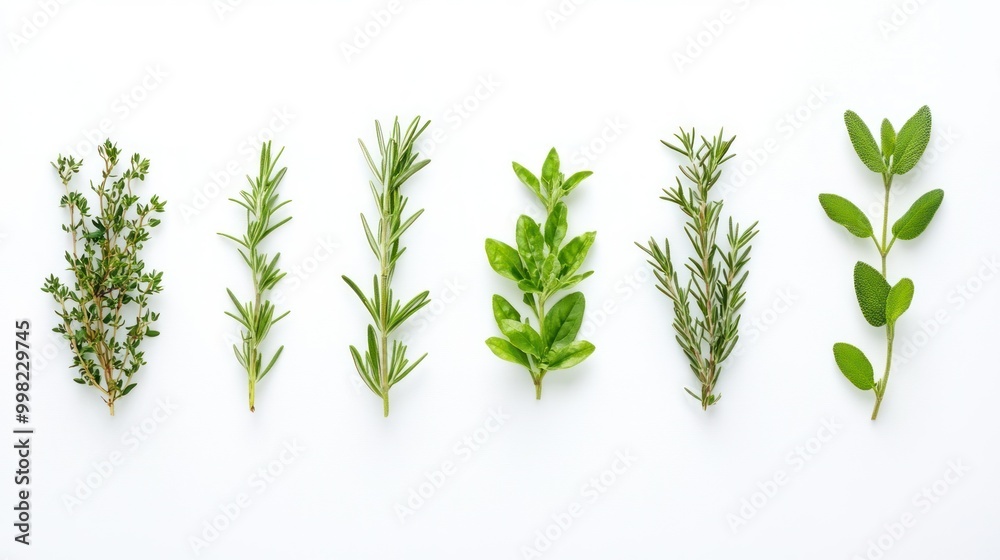 Fototapeta premium Six Sprigs of Fresh Herbs Arranged in a Row on White Background