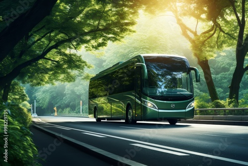 Scenic journey a tourist bus navigating through lush green streets surrounded by nature