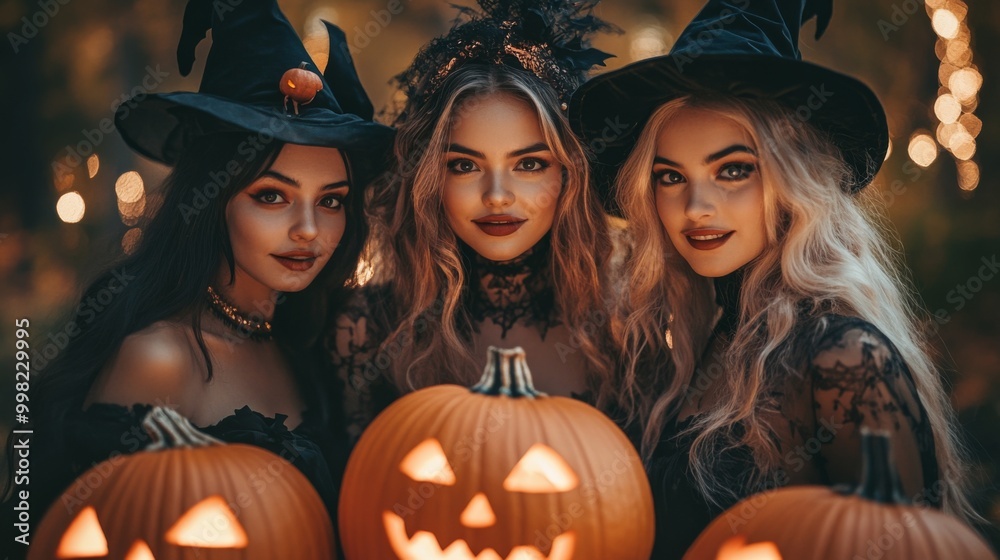 Halloween Celebrations with Witches and Pumpkins in an Autumn Forest Setting Halloween Celebrations with Witches and Pumpkins in an Autumn Forest Setting