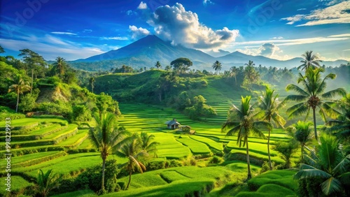 A stunning Ngerulmud scene unfolds, featuring vibrant green foliage under a brilliant blue sky, all bathed in the warmth of a sunny day. photo