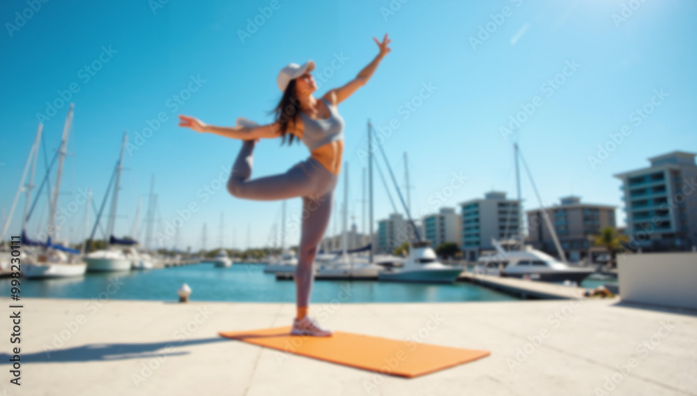 Blured Image of Morning Yoga by the Marina: A Fitness Enthusiast in an Elegant Pose, Balancing on One Leg with the Tranquil Backdrop of Luxury Yachts Blured Image of Morning Yoga by the Marina: A Fitness Enthusiast in an Elegant Pose, Balancing on One Leg with the Tranquil Backdrop of Luxury Yachts