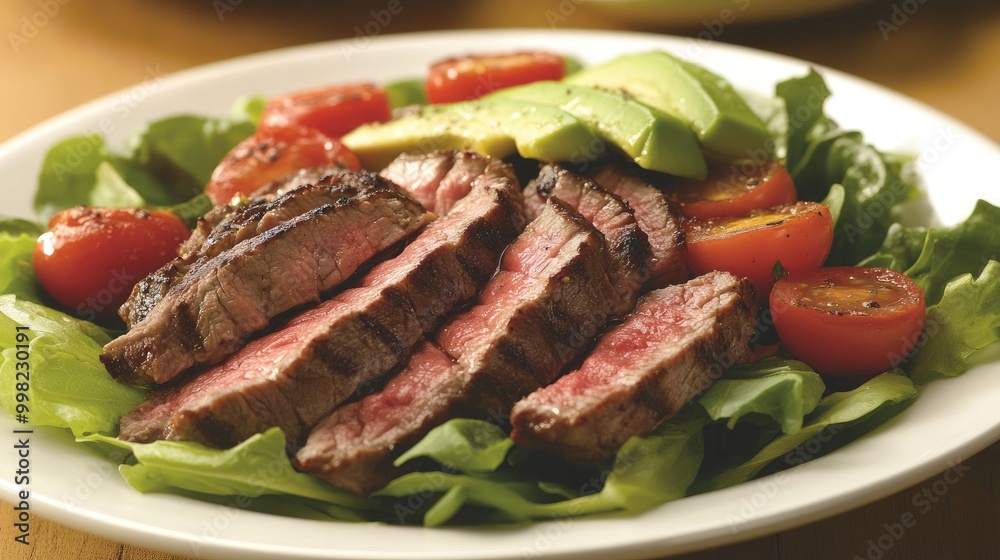 A delicious steak salad featuring slices of grilled steak atop mixed greens, cherry tomatoes, and avocado, drizzled with a tangy dressing for a healthy meal option. A delicious steak salad featuring slices of grilled steak atop mixed greens, cherry tomatoes, and avocado, drizzled with a tangy dressing for a healthy meal option.