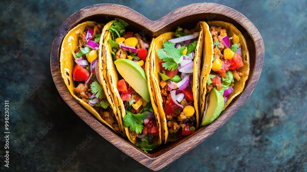 Fototapeta premium Juicy tacos neatly arranged in a heart-shaped container, celebrating the flavors of Mexican cuisine, presented in a colorful, appetizing way. -