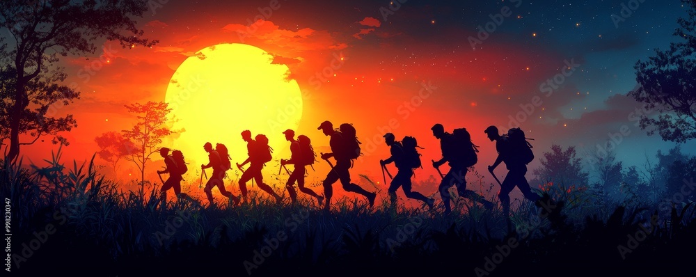 Silhouetted hikers trek toward a vibrant sunset, embodying adventure and exploration in a picturesque landscape. Silhouetted hikers trek toward a vibrant sunset, embodying adventure and exploration in a picturesque landscape.