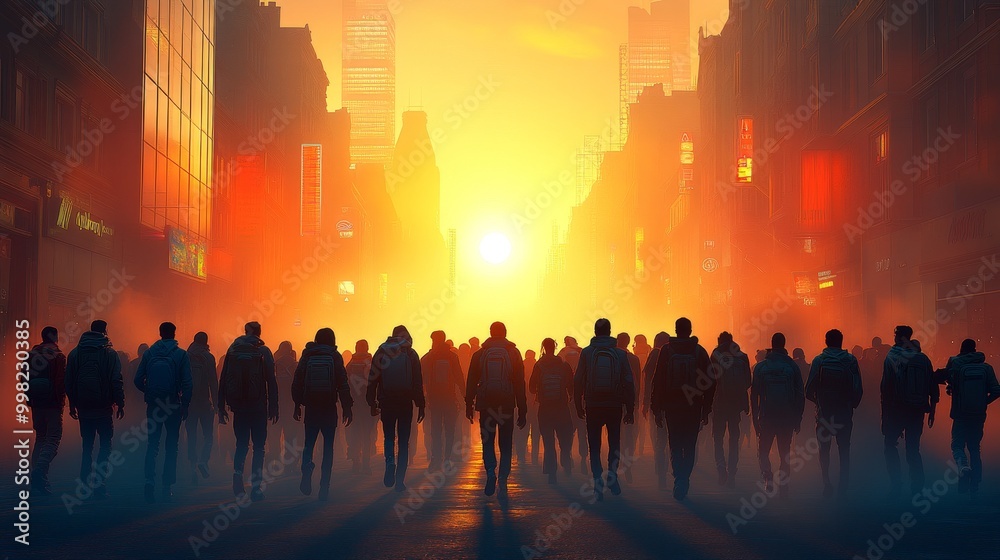 custom made wallpaper toronto digitalSilhouettes of people walking towards a sunset, creating a dramatic and vibrant city scene amidst urban mist.