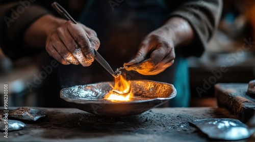 A silversmith is melting metal to create jewelry.

