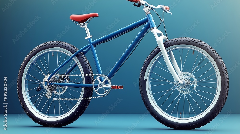 Fototapeta premium Stylish blue mountain bike with red saddle, perfect for outdoor adventures and cycling enthusiasts. High performance and sleek design.