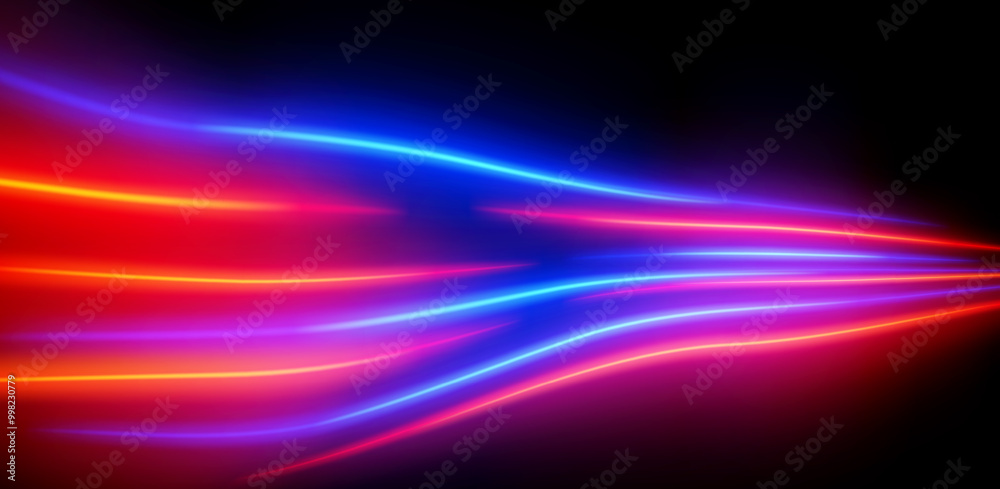 Fototapeta premium Abstract red and blue neon light streaks isolated on dark background. Wavy neon stripes with bright glowing lines. Graphical patch of reflected light. Lens flare. Abstract rays. Vector illustration.