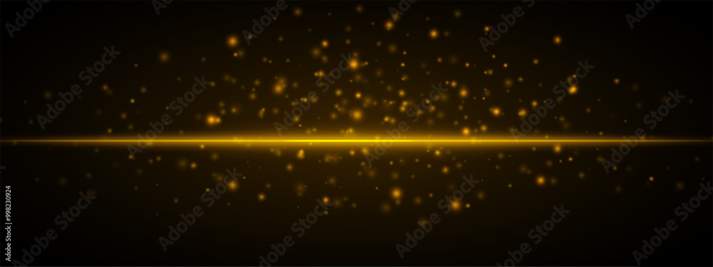 Obraz premium Horizontal yellow light effect isolated on dark background. Neon stripe with bright glowing lines and sparkling particles. Abstract rays. Vector illustration.