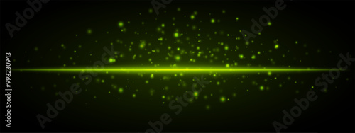 Horizontal green light effect isolated on dark background. Neon stripe with bright glowing lines and sparkling particles. Abstract rays. Vector illustration.