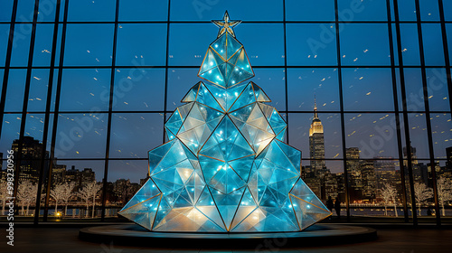 Illuminated Christmas Tree Installation in a City Skyline During Twilight