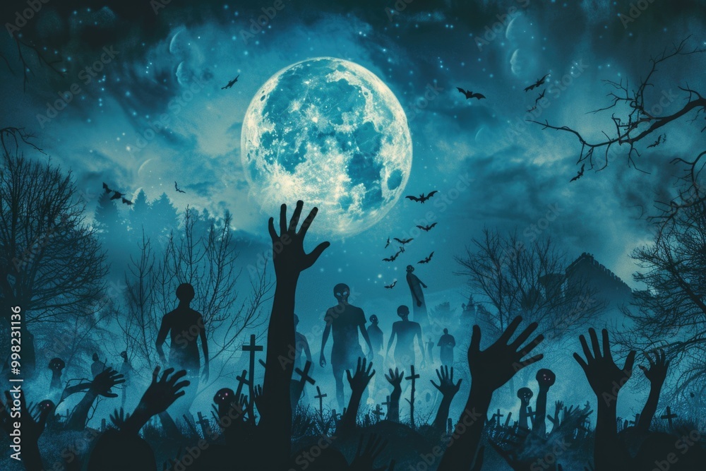 Undead hands reaching up towards the full moon, dark and mysterious scene Undead hands reaching up towards the full moon, dark and mysterious scene