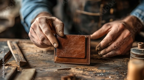 Authentic cow leather wallet card holder with a leather tool on a wooden craft item photo