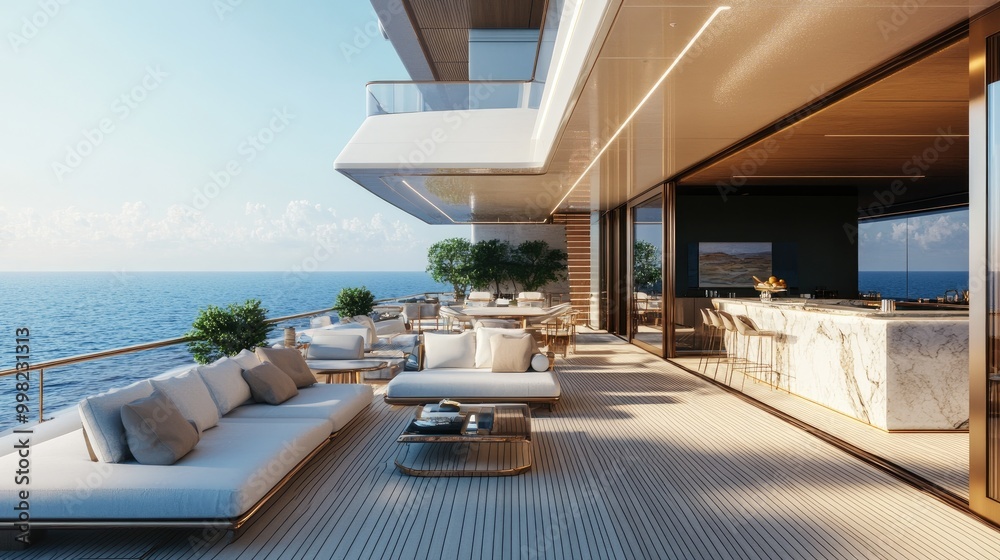 Fototapeta premium The main deck of a luxurious yacht with sleek outdoor furniture, a sparkling swimming pool, and a marble bar, designed with minimal elegance and clean lines.