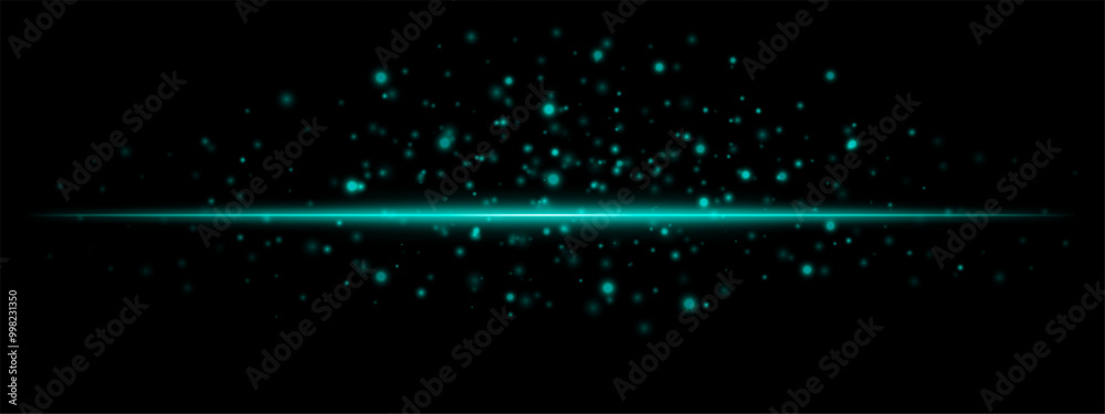 Obraz premium Horizontal green light effect isolated on dark background. Neon stripe with bright glowing lines and sparkling particles. Abstract rays. Vector illustration.