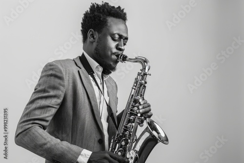 A person in a suit holding and playing a saxophone