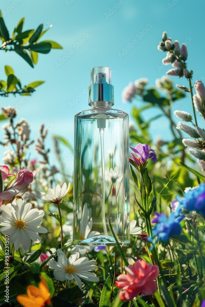 Elegant Perfume Bottle Amid Blossoming Flowers and Sunlit Leaves for Fresh Spring Scents Elegant Perfume Bottle Amid Blossoming Flowers and Sunlit Leaves for Fresh Spring Scents