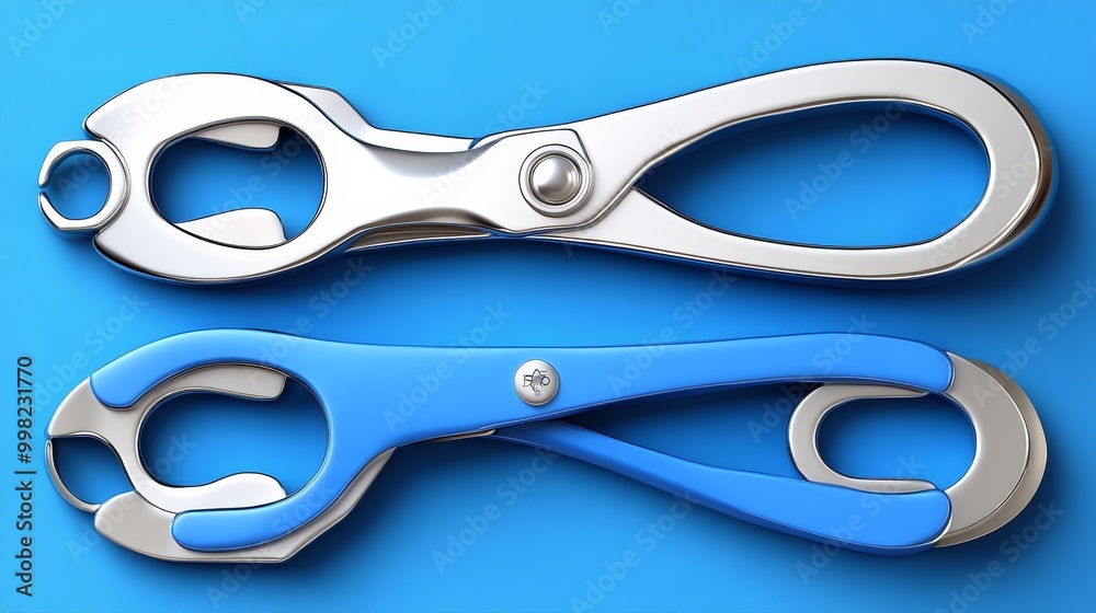 Two modern scissors design, one silver and one blue, showcasing sleek shapes and ergonomic handles against a vibrant background. Two modern scissors design, one silver and one blue, showcasing sleek shapes and ergonomic handles against a vibrant background.