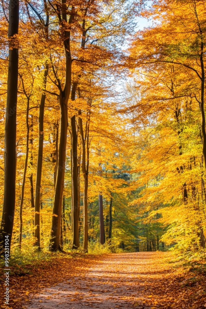 Fototapeta premium A golden pathway through the autumn forest invites exploration on a serene afternoon