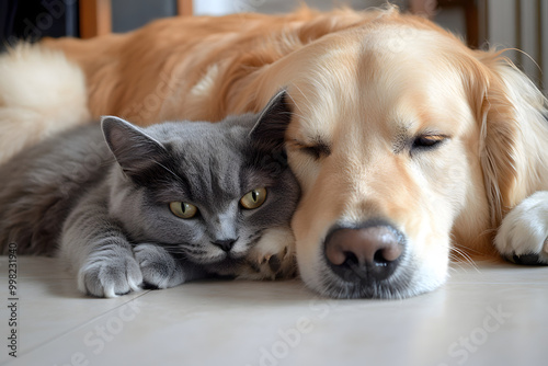 犬と猫が寄り添って眠るリラックスした瞬間