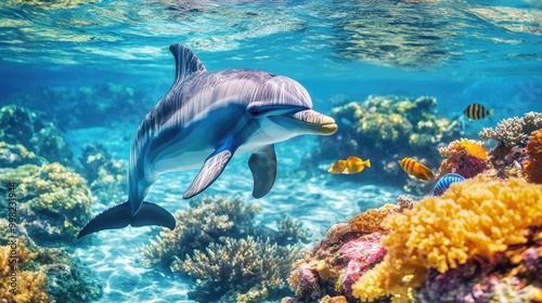 A dolphin swimming through a clear blue lagoon, with tropical fish and vibrant coral in the background, illustrating the beauty of marine ecosystems.