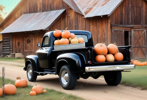Vintage black pickup truck carrying a load of pumpkins in the back