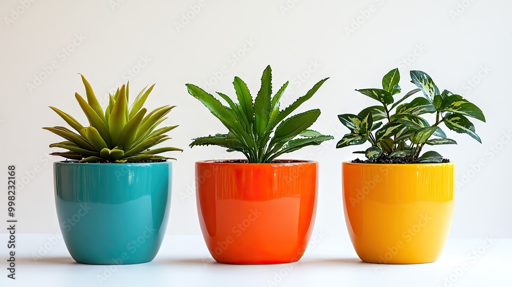 Three small plants in brightly colored pots, each with different foliage, standing neatly in a row, bringing a burst of life and color. Three small plants in brightly colored pots, each with different foliage, standing neatly in a row, bringing a burst of life and color.
