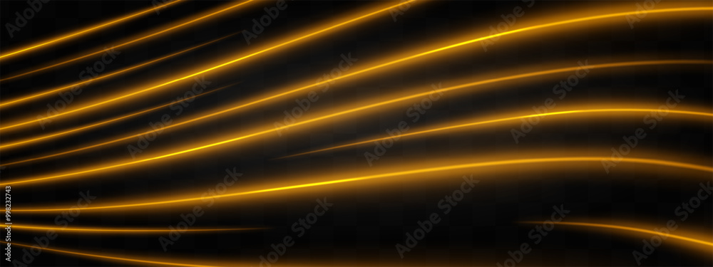 Curved golden neon light effect isolated on dark background. Bright glowing neon wave stripes with lens flare. Graphical patch of reflected light. Abstract rays. Vector illustration.