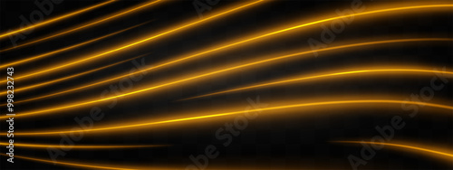 Curved golden neon light effect isolated on dark background. Bright glowing neon wave stripes with lens flare. Graphical patch of reflected light. Abstract rays. Vector illustration.