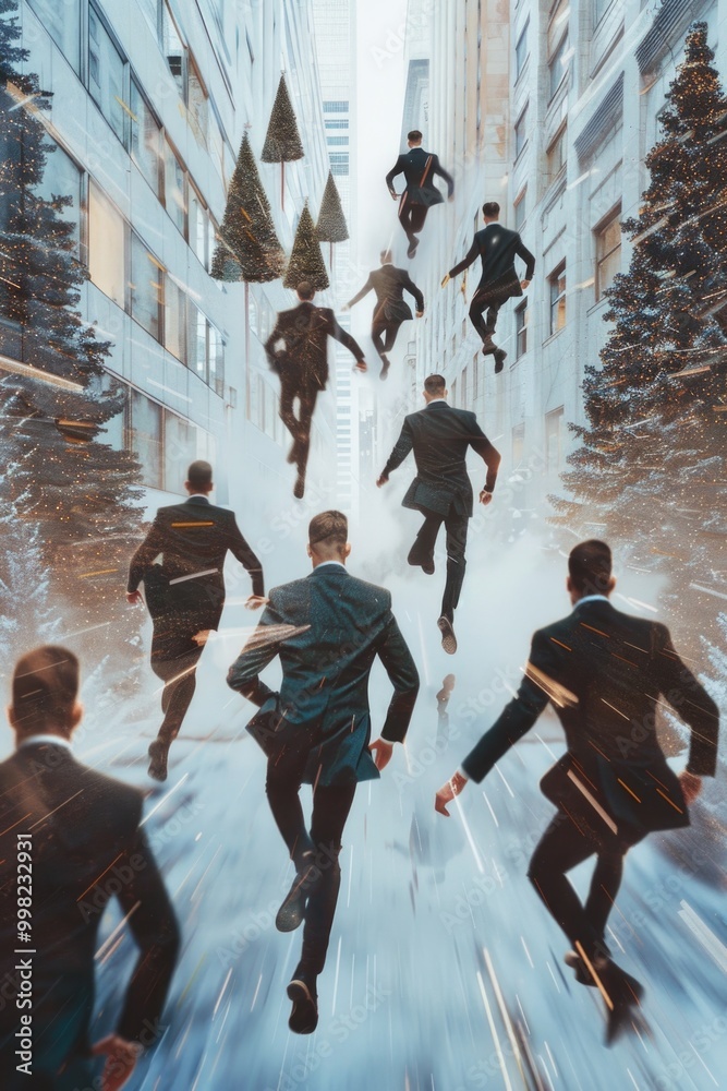 Group of men sprinting down urban sidewalk, potential action or chase scene Group of men sprinting down urban sidewalk, potential action or chase scene