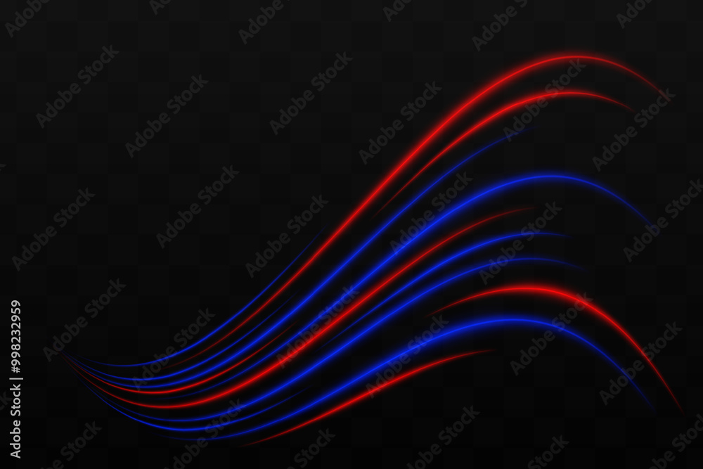 Obraz premium Curved red, blue neon light effect isolated on dark background. Bright glowing neon stripes with lens flare. Graphical patch of reflected light. Abstract rays. Vector illustration.
