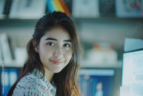 A woman sits in front of a computer monitor with a thoughtful expression Free Download A woman sits in front of a computer monitor with a thoughtful expression - GFXLoad
