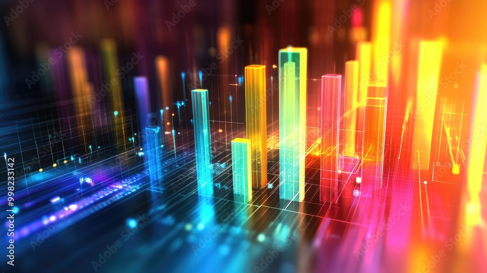 A dynamic 3D bar graph displayed on a digital screen, showcasing vibrant colors and varying heights, illustrating impressive business growth trends in a corporate environment. A dynamic 3D bar graph displayed on a digital screen, showcasing vibrant colors and varying heights, illustrating impressive business growth trends in a corporate environment.