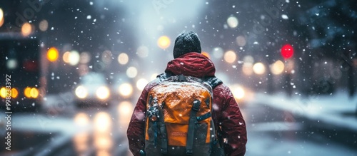 A person walks down a snowy city street with their back to the camera, wearing a red jacket and a backpack.