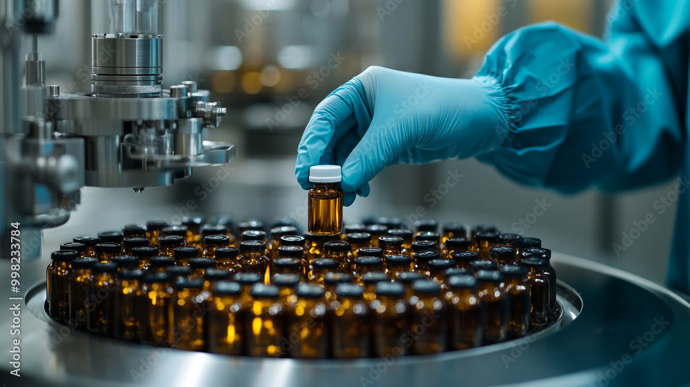 Scientist working with amber vials in a laboratory during sterile production process Scientist working with amber vials in a laboratory during sterile production process