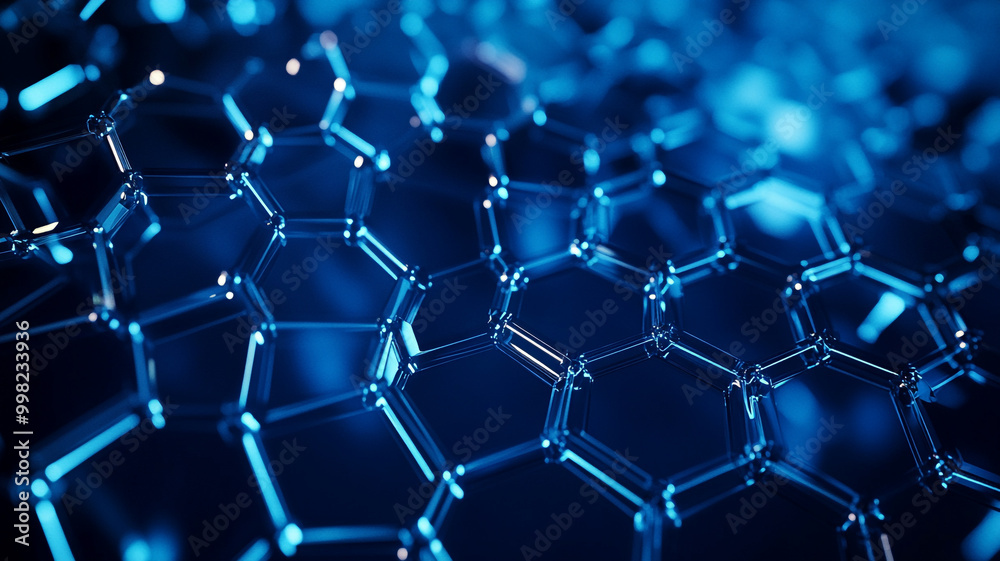 Close-up view of interconnected hexagonal structures in a blue illuminated background Close-up view of interconnected hexagonal structures in a blue illuminated background