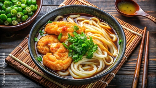 A delightful bowl of udon kake noodles served in a savory broth, topped with vibrant green onions and crispy tempura flakes for added texture. photo