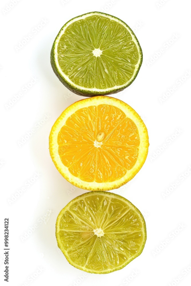 Three slices of lime and orange on a clean white surface Three slices of lime and orange on a clean white surface