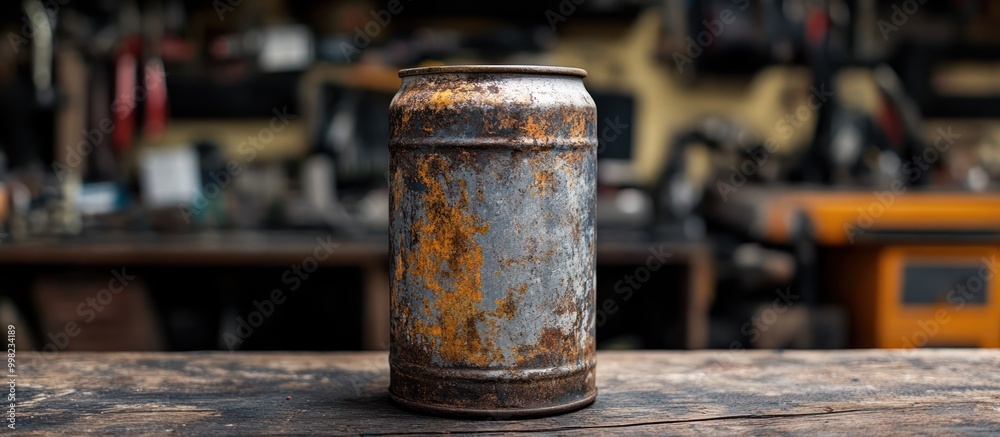 A rusty metal can sits on a wooden table with blurred background. A rusty metal can sits on a wooden table with blurred background.